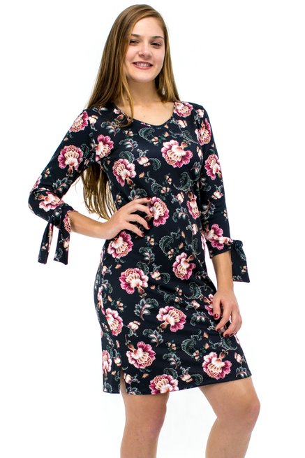 Vestido Manga 7/8 Fabiola Estampa Floral Azul Marinho