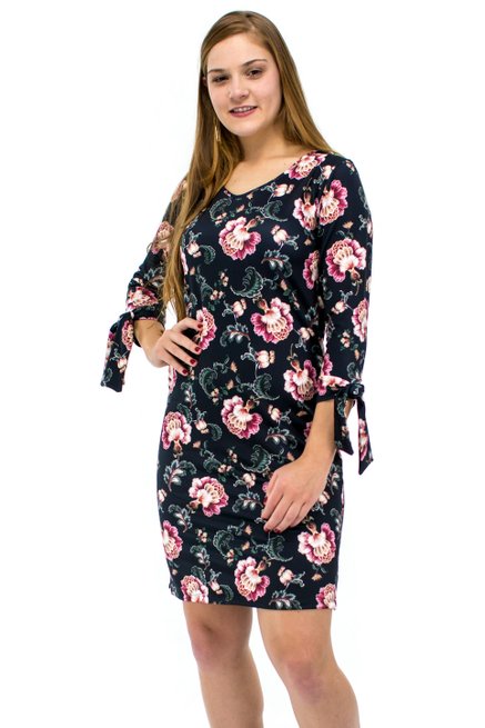 Vestido Manga 7/8 Fabiola Estampa Floral Azul Marinho