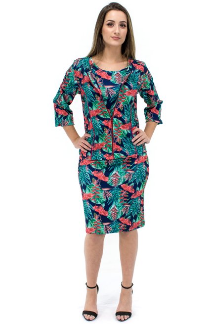 Vestido Manga Curta com Casaco Estampa Floral Azul e Laranja
