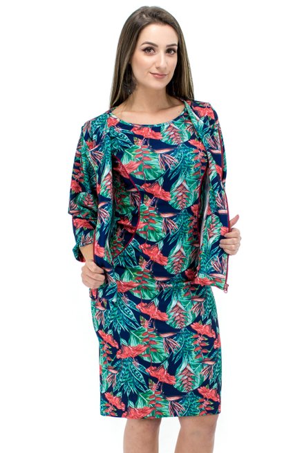 Vestido Manga Curta com Casaco Estampa Floral Azul e Laranja