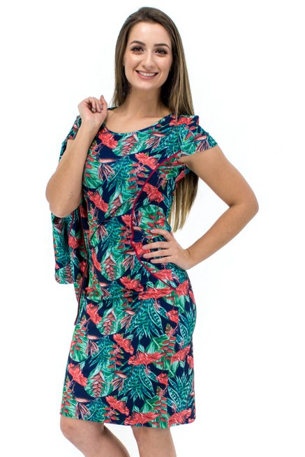 Vestido Manga Curta com Casaco Estampa Floral Azul e Laranja