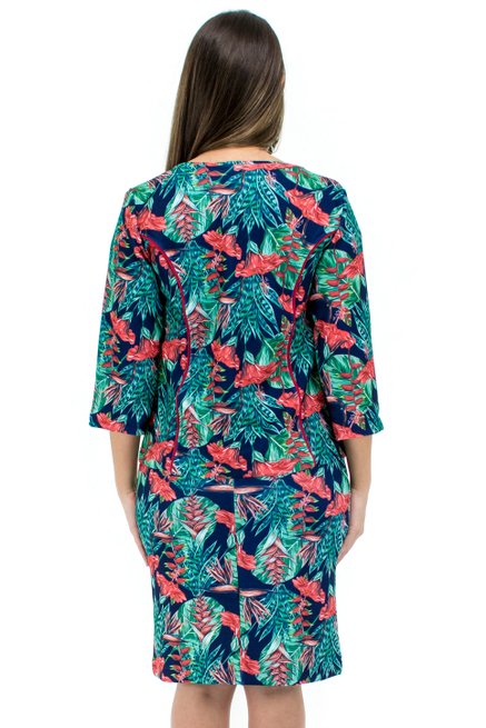 Vestido Manga Curta com Casaco Estampa Floral Azul e Laranja