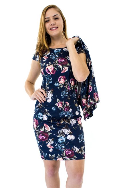 Vestido Manga Curta com Casaco Estampa Floral Azul Marinho