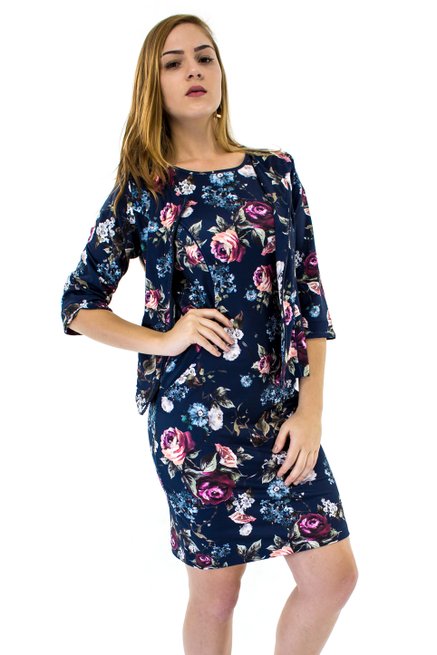 Vestido Manga Curta com Casaco Estampa Floral Azul Marinho