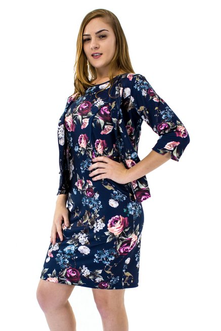 Vestido Manga Curta com Casaco Estampa Floral Azul Marinho