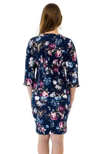 Vestido Manga Curta com Casaco Estampa Floral Azul Marinho