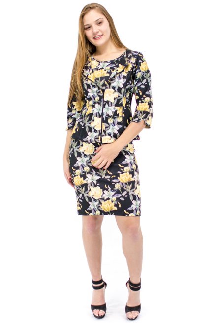 Vestido Manga Curta com Casaco Estampa Floral Preto e  Amarelo