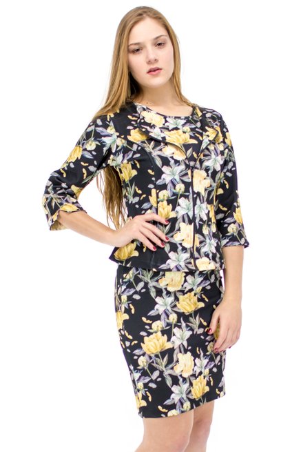 Vestido Manga Curta com Casaco Estampa Floral Preto e  Amarelo