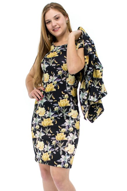 Vestido Manga Curta com Casaco Estampa Floral Preto e  Amarelo