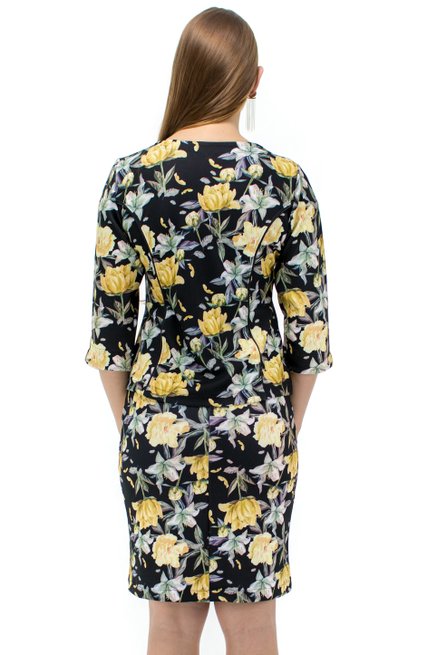 Vestido Manga Curta com Casaco Estampa Floral Preto e  Amarelo