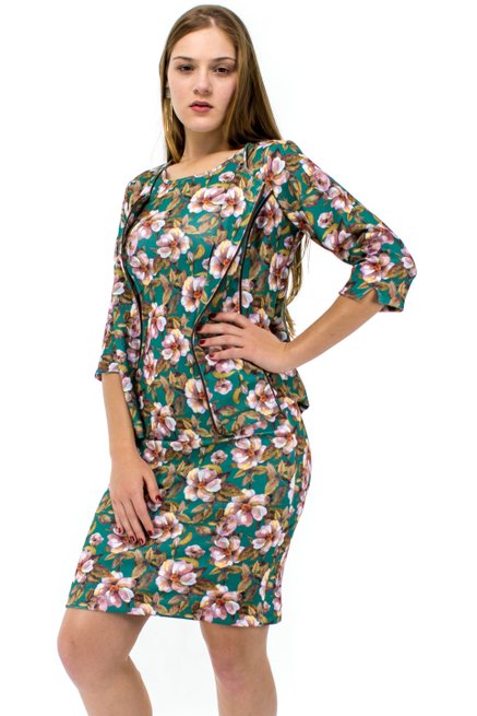 Vestido Manga Curta com Casaco Estampa Floral Verde