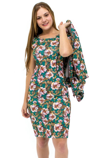 Vestido Manga Curta com Casaco Estampa Floral Verde