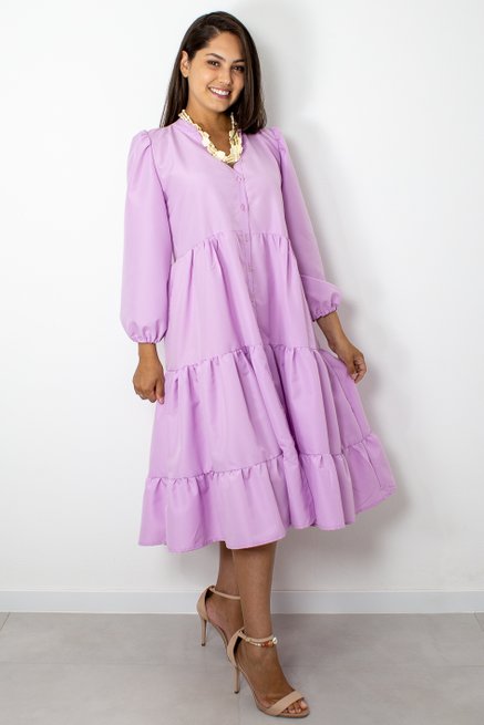 Vestido Manga Longa Marias Liso Lilás