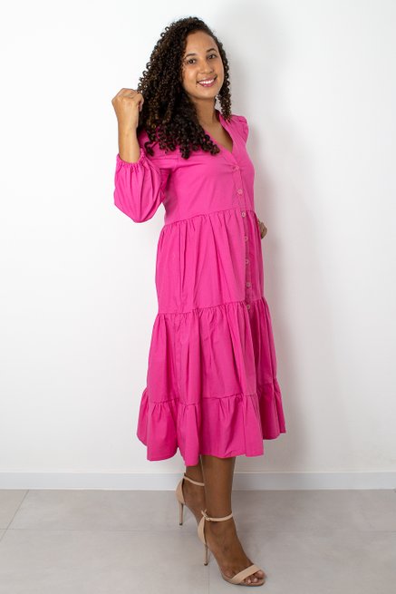 Vestido Manga Longa Marias Liso Rosa Pink