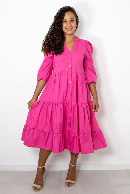 Vestido Manga Longa Marias Liso Rosa Pink