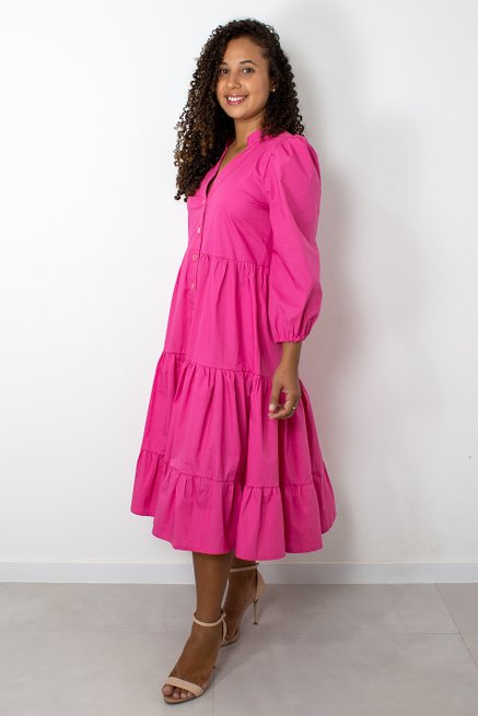 Vestido Manga Longa Marias Liso Rosa Pink