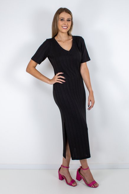 Vestido Mídi Feminino Manga Curta Liso Preto