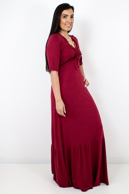 Vestido Rosa Longo Manga Curta Liso Bordô