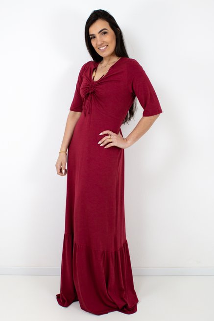 Vestido Rosa Longo Manga Curta Liso Bordô