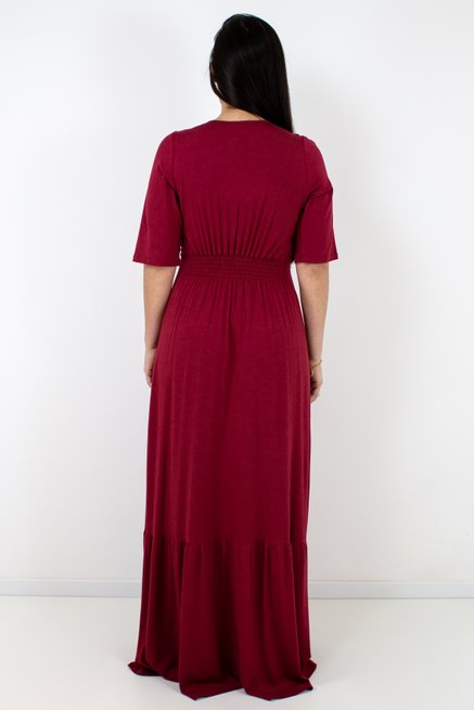 Vestido Rosa Longo Manga Curta Liso Bordô