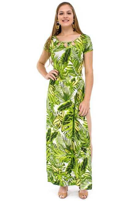 Vestido Short Longo Viscolycra Estampa Tropical Verde Claro