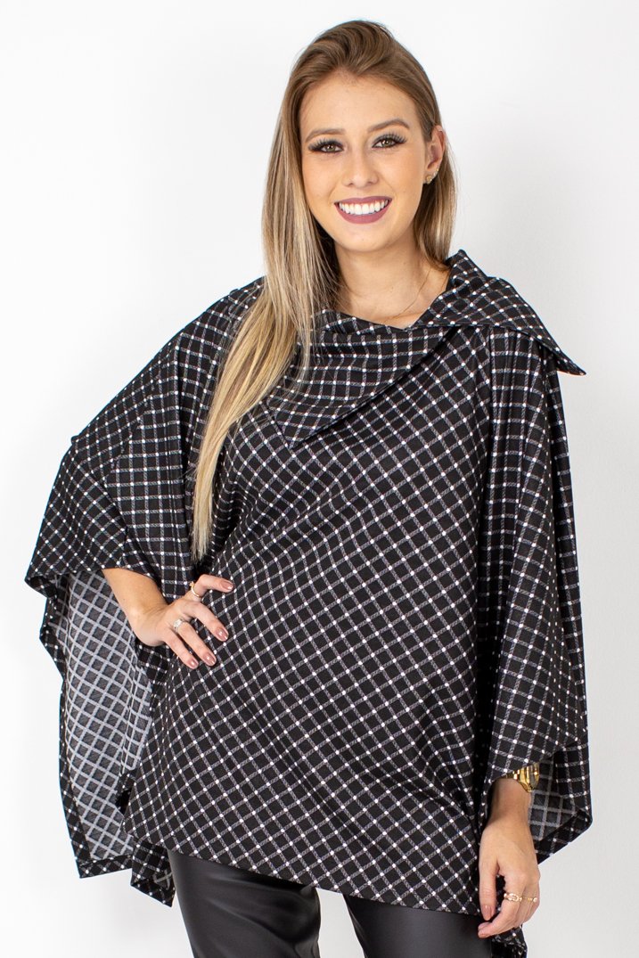 Casaco Gabrielle Alongado Jacquard Xadrez Preto e Branco - Malharia Eliani