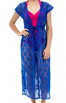 Saída Renda Longa Manga Curta Lisa Azul