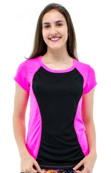 Baby Look Fitness Soninha Manga Curta DryFit Ultracool UVPro Rosa Neon e Preto