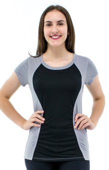 Baby Look Fitness Soninha Manga Curta DryFit Ultracool UVPro Lisa Cinza e Preto