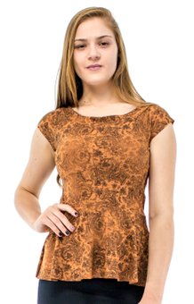Blusa Manga Curta Daline Camurça Peplum Estampa Floral Caramelo