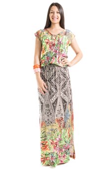 Vestido Longo Manga Curta Catarina Estampa Floral Verde