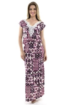 Vestido Longo Manga Curta Maristela Guipir Estampa Mandalas Roxa