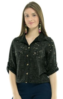 Camisão Manga 3/4 Angela Rendado Floral Preto