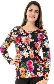 Blusa Manga Longa Meia Túnica Estampa Floral