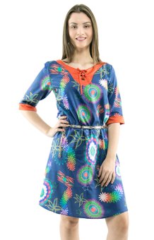 Vestido Manga 3/4 Clara Estampa Floral Azul