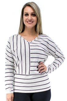  Blusa Manga Longa Morcego Estampa Diagonal Cinza Claro Mescla