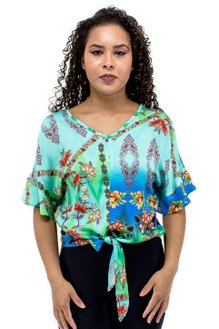 Blusa Cropped Manga Curta Estampa Verde