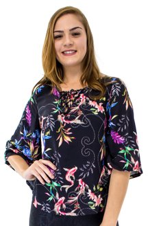 Blusa Manga 3/4 Flare Estampa Floral Black
