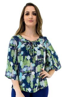 Blusa Manga 3/4 Flare Estampa Folhas Azul Marinho