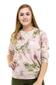Blusa Manga 3/4 Guipir Estampa Floral Rosê