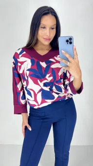 Blusa Manga 7/8 Estampa Floral Marsala e Marinho