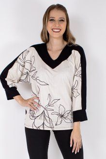 Blusa Manga 7/8 Estampa Floral Preta e Branca