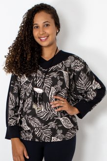 Blusa Manga 7/8 Estampa Floral Preta e Branca