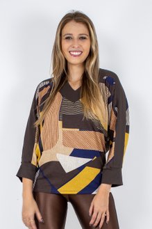 Blusa Manga 7/8 Estampa Geométrica Tons Terrosos