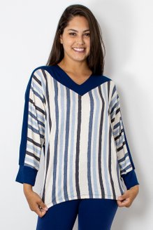 Blusa Manga 7/8 Estampa Listras Azul