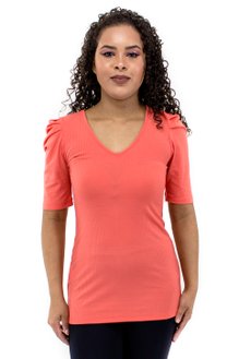 Blusa Manga Bufante Curta Canelada Lisa Laranja