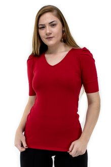 Blusa Manga Bufante Curta Canelada Lisa Vermelha