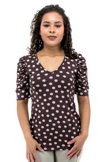 Blusa Manga Bufante Curta Estampa Poá Marrom