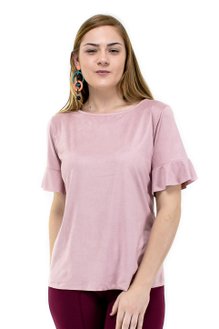 Blusa Manga Curta Camurça Babado Lisa Rosa