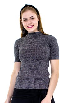 Blusa Manga Curta com Gola Brilho Lisa Cinza